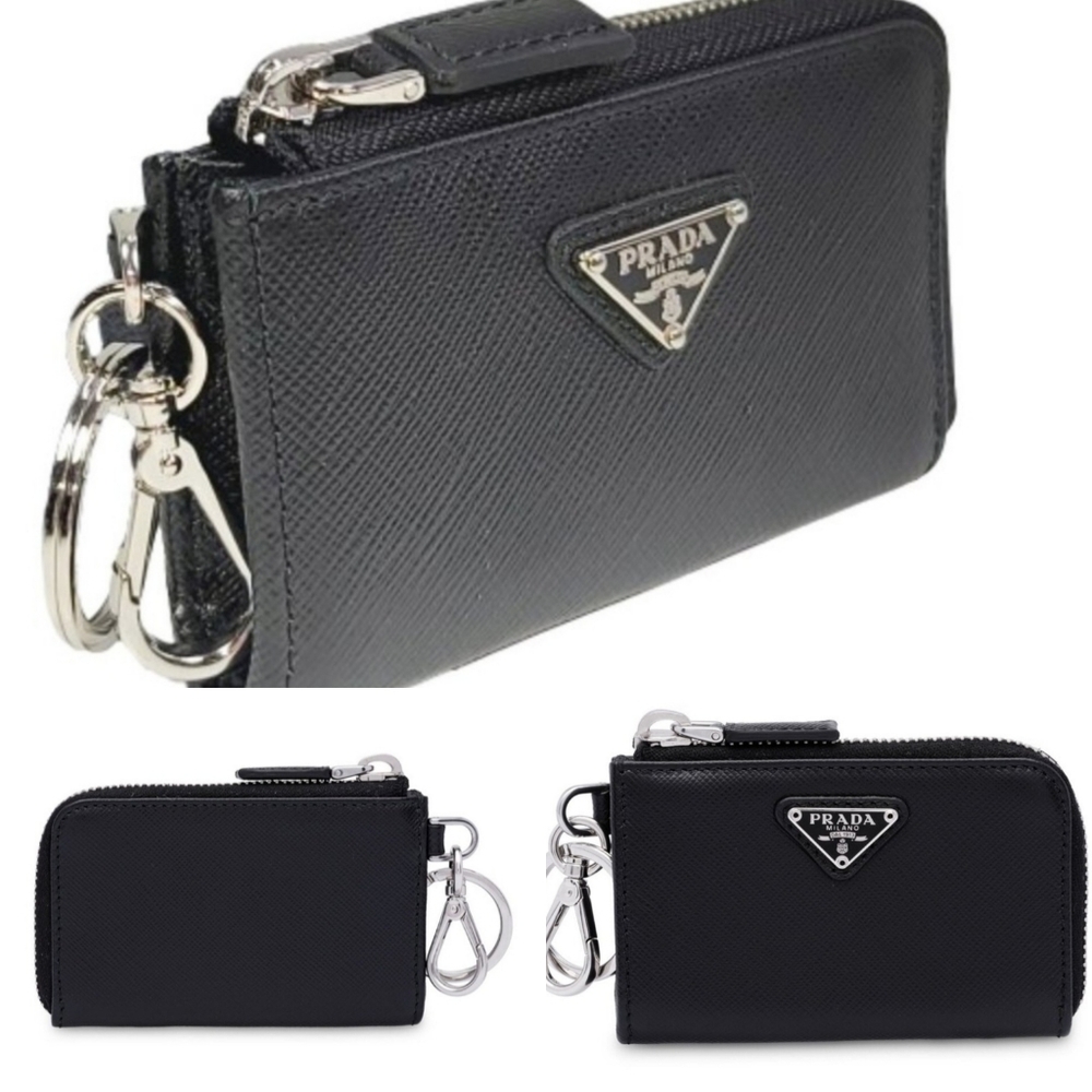 Prada Black Saffiano Leather Zip Keyring Wallet